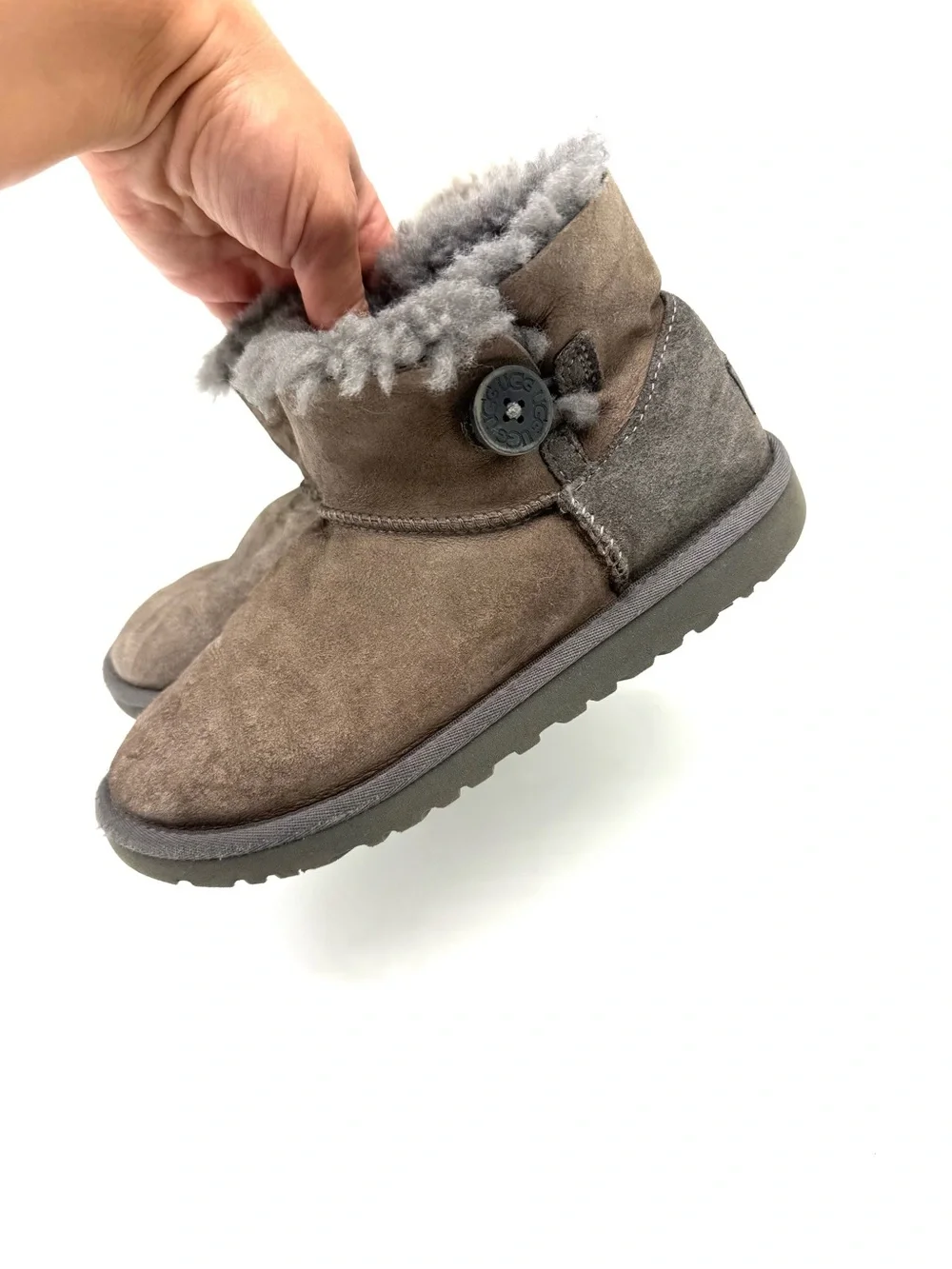 UGG Mini Bailey Button Boots Brown Gray Taupe Kids Size 4